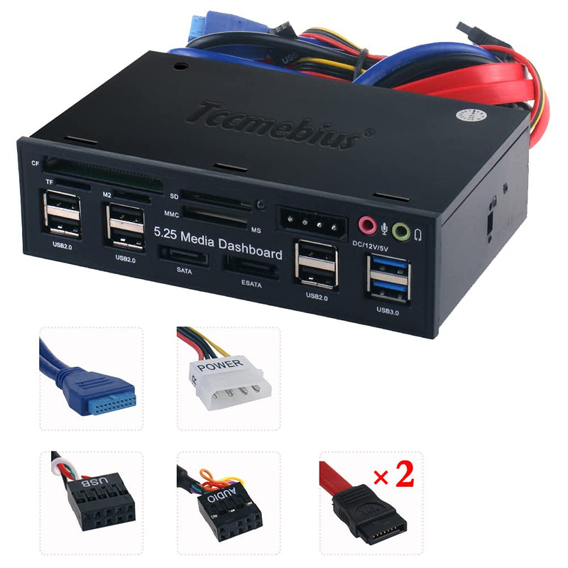 Tccmebius TCC-QL5E 5.25 Inch PC Multifunction Dashboard Media Front Panel, with SATA e-SATA Dual USB 3.0 6 Port USB 2.0 Audio Ports and Five-in-one Card Reader
