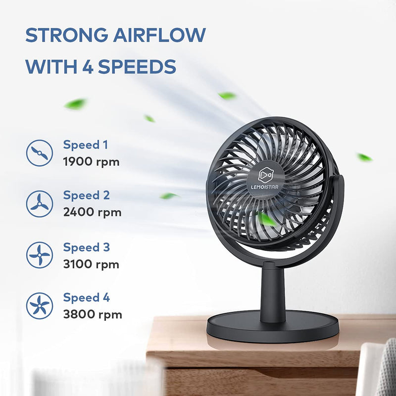 Small Personal USB Powered Fan with 4 Speeds, Portable Desk Fans with 310° Rotation, Mini Powerful Table Fans, Ultra Quiet Air Cooling Fan for Office, Bedroom, Easy to Storage, Strong, Compact, Black 4" Black