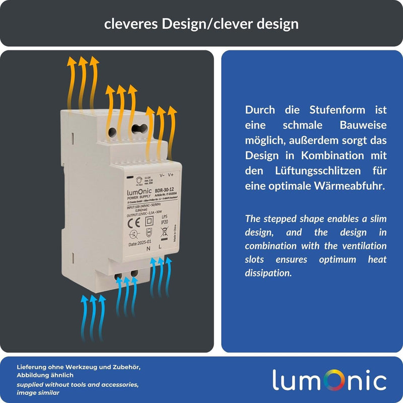 Lumonic I Power Supply DIN Rail BDR-30-12 I 12 V / 30 W I Input 100-240 VAC I Overload Protection & Short Circuit Proof I DIN-Rail Switching Power Supply I Control Cabinet & 12V