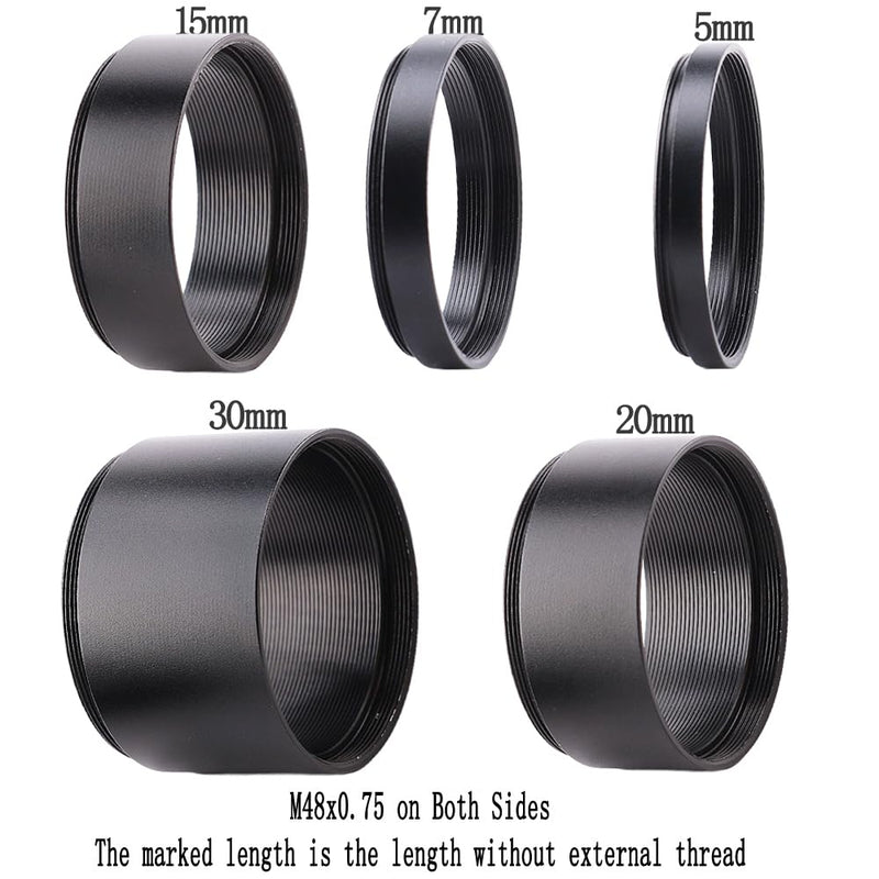 M48 2-Inch Extension Tube Kit — 5/7/15/20/30mm Rings — M48×0.75 Male & Female Threads — for DSLR/SLR Backfocus, Flatteners & Eyepieces — 5-Ring Set