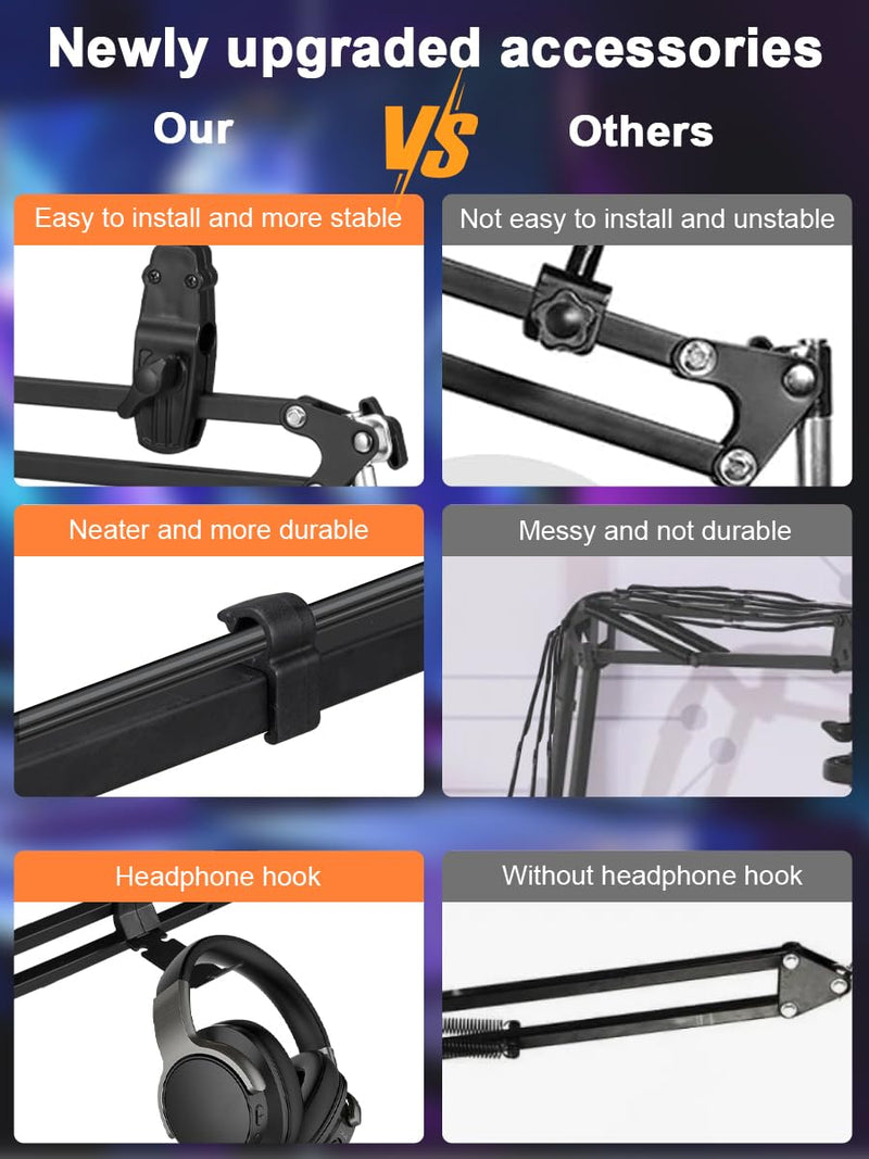 Microphone Boom Arm, Adjustable Suspension Boom Scissor Arm Stand with Heavy Duty Clamp, Pop Filter and Mic Clip Compatible with Yeti, QuadCast Snowball.