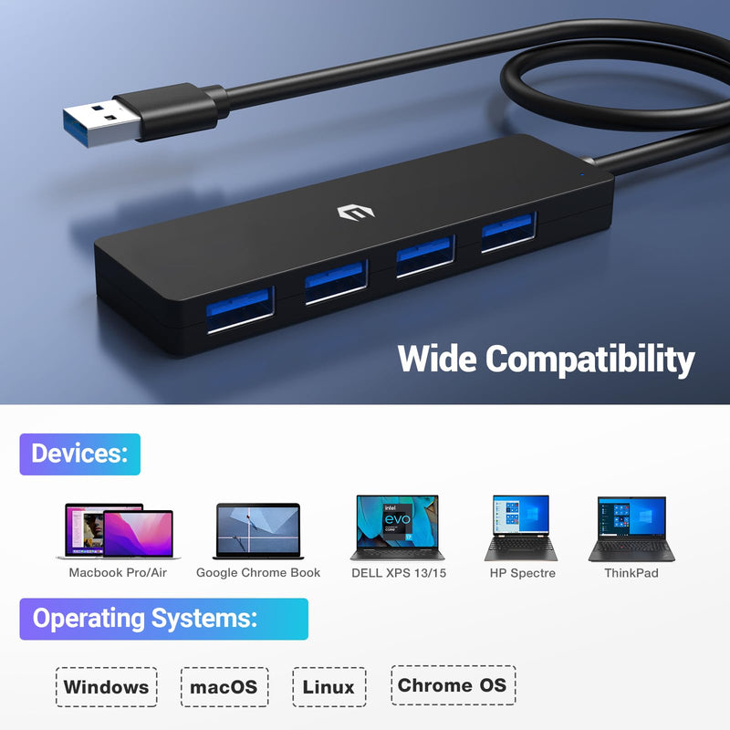 USB 3.0 Hub, 4 Port USB Hub, 5Gbps Transmission Speed, Effortlessly Expand Your Laptop, Flash Drive, Hard Drive, Console, Printer, Camera, Keyboard and Mouse Connectivity