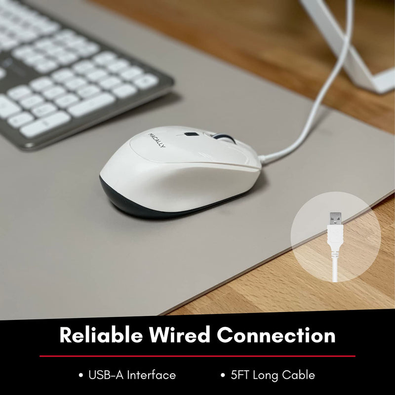 Macally USB Wired Mouse for Mac or PC - Comfortable, Smooth, and Quiet - White USB Mouse Wired with 5ft Cable and 4 DPI - Plug and Play Corded Computer Mouse for Laptop or Office Desktop - White