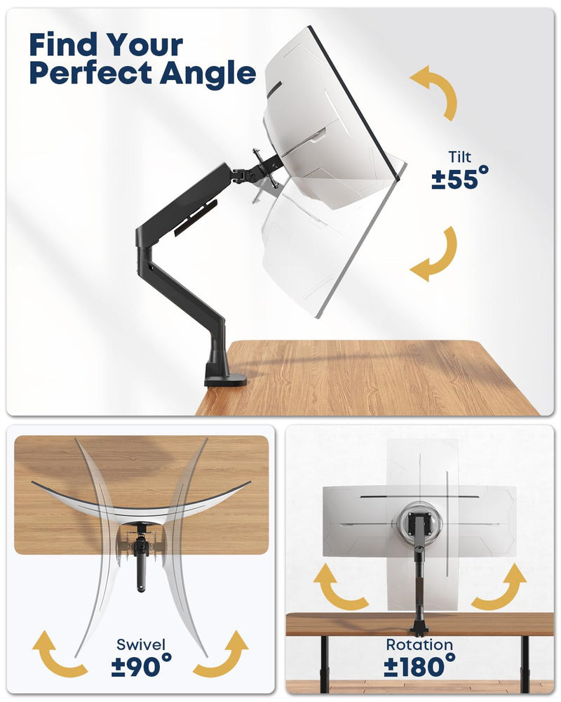 Ultrawide Monitor Arm fits 17-49 Inch Heavy Duty Flat/Curved Monitor | Cable Management, Full Motion, Gas Spring Arm, Holds 35.2 lbs with Clamp & Grommet Desk Mount, VESA 75/100mm, Black Single Arm