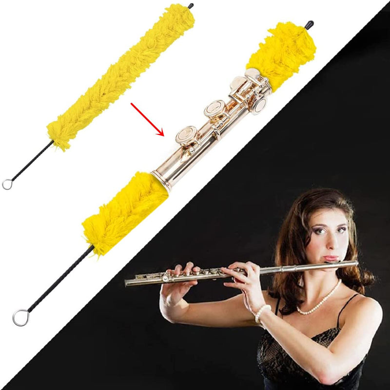 Flute Cleaning Kit Include 1pc Cotton Cleaning Brush, Flute Swab, Double-End Dust Brush,Flute Cleaning Rod, Screwdriver for Flute Repairing,Cork Grease, a Pair Cotton Gloves, 2pcs Flute Cleaning Cloth yellow