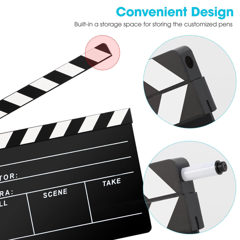 Directors Clapboard for Film, Hollywood Slate Move Photography Video TV Cut Action Scene Acrylic Clapper Board with a Magnetic Blackboard Eraser, Two Custom Pens, Cleaning Cloth and Hex Wrench