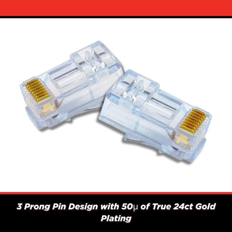 Simply45 Cat5e RJ45 Modular Plugs 8P8C, 100 Pack | 3-Prong 24ct Gold Plated Crimp Connector for 24AWG Solid & 28-26AWG Stranded UTP (Cat5e Ends / RJ45 Ends), S45-1000 Unshielded-Cat5e 100 Pieces