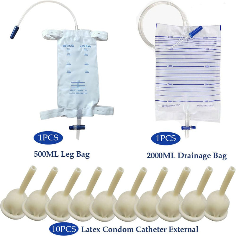 Pack of 10 External Condom Catheter + 2000 ml Urine Bag + 500 ml Leg Bag Urine Drainage Bag (35 mm/1.38 Inch) 500+2000ML-35MM