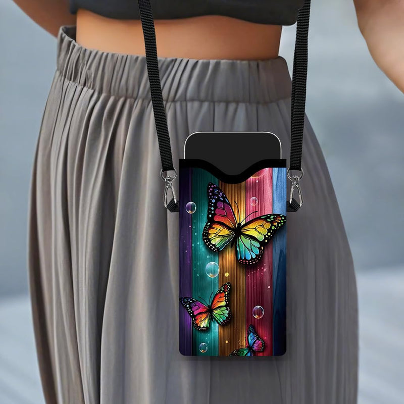 2D Flat Butterfly Geometric Pattern Crossbody Pouch, Adjustable Strap Multicolor Unisex Wallet Bag with Card Slot and Key Holder, Lightweight Multifunctional Sling Purse for Daily Use,Polyester Print