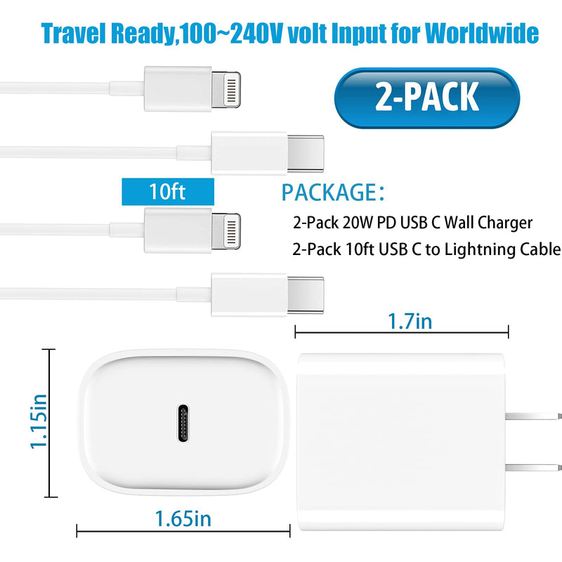 iPhone 13 12 11 Fast Charger [MFi Certified],10FT Long Fast Charging Lightning Cable with 20W USB C Charger Block for iPhone13/13Pro Max/12/12 Pro Max/11/11Pro/XS/Max/XR/X/8Plus,iPad,2 Pack White