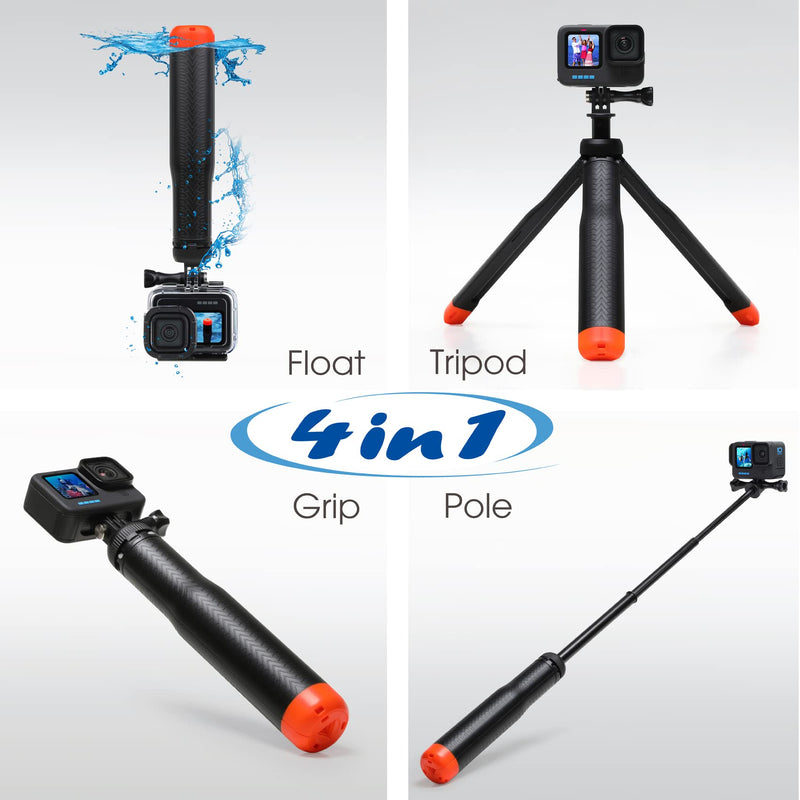 SOONSUN 4in1 Floating Selfie Stick Tripod for GoPro Hero 13 12 11 10 9 8 7 6 5 4 3 Session Max, AKASO, SJCAM Action Camera - As Waterproof Extension Monopod Pole Floating Handle Grip Tripod Stand Red