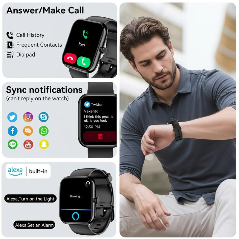 Smart Watch with Alexa Built-in, Bluetooth Calls/Notifications, 1.83" HD Health Fitness Tracker, 24/7 Heart Rate and Sleep Tracking, 120+ Sports Modes, IP68 Waterproof for iPhone and Android (Black)
