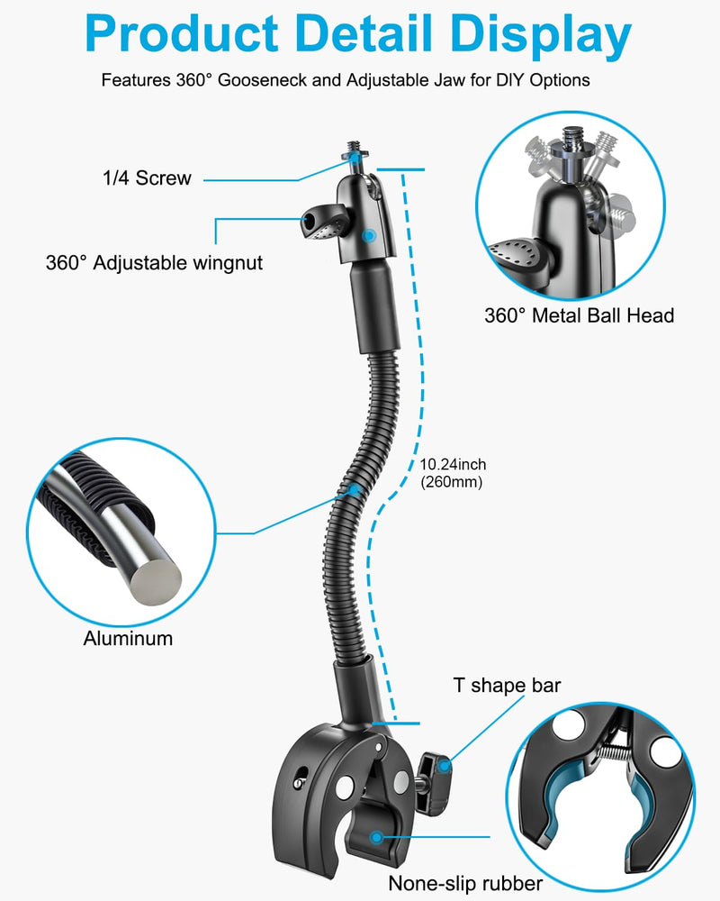 woleyi Gooseneck Super Clamp Camera Mount, 360° Ballhead Adjustable Arm Flex Clamp with 1/4"-20 Thread for Rod | Plate | Mic Tube | Bike Handlebar, for DSLR Camera/Gopro Hero 13 12/LED Lights/Insta360
