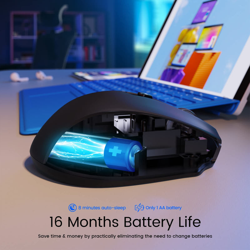 HOTWEEMS D-09 Wireless Mouse for Laptop - Ergonomic Plus Computer USB Cordless Mice, Ergo Grips, Lightspeed 5-Level 2400 DPI, 16 Months Battery, Portable for PC Mac Chromebook, 6 Button, Stormy Black
