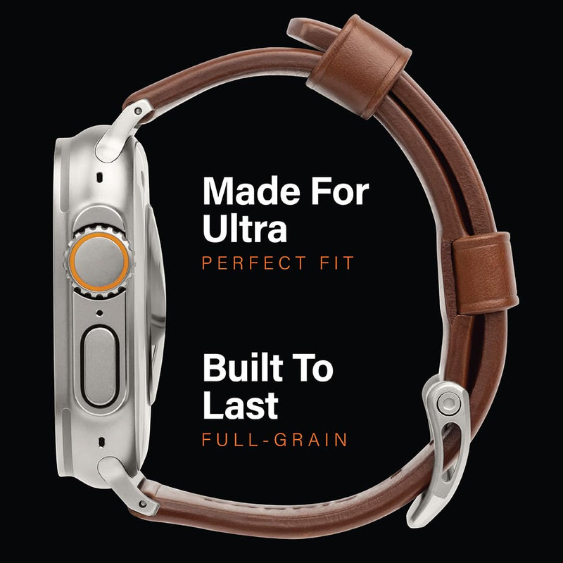 KORDIZ Modern Leather MAX Band for Apple Watch Ultra 3, Ultra 2 & Ultra (49mm) – Premium Full-Grain Leather Strap for Men, Rugged Modern Design, Stainless Steel Buckle, Comfortable Everyday Fit – 26mm Wide Leather Band ULTRA Silver 49mm | Dark Brown