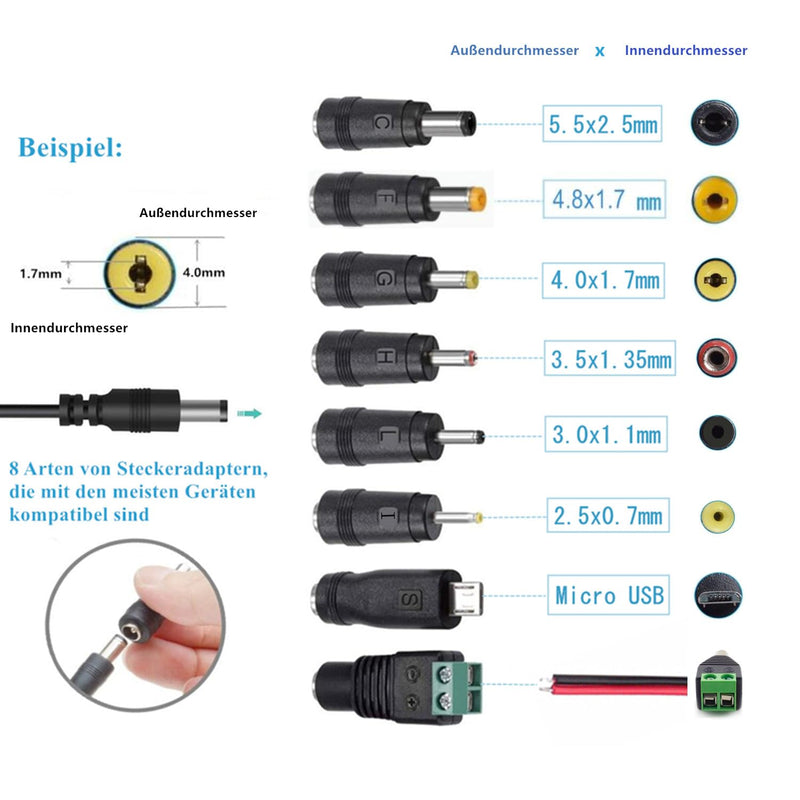 ZUOKENZU AC Adapter 12 V 2 A Power Supply AC 220 V to DC12 V 500 mA 1000 mA 1500 mA 2000 mA Power Driver 5.5 mm with 8 DC Plug Adapters Inverter Charger Transformer AC-DC Adapter (DC12V~2A) DC 12 V - 2 A