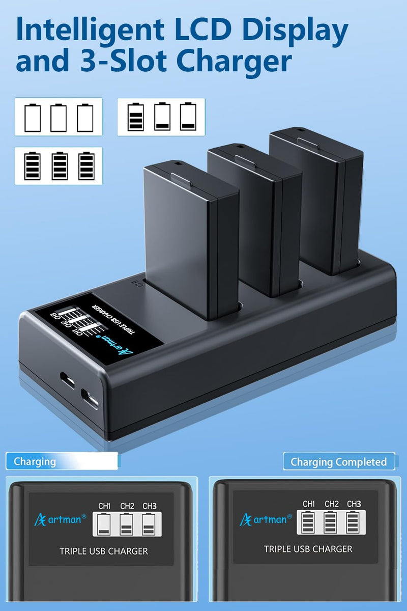 [AUSTRALIA] - Artman 3-Pack LP-E10 Batteries 1600mAh and 3-Slot LCD Charger Pack for Canon EOS Rebel T7 T6 T5 T3 T100 Kiss X50 Kiss X70 EOS 1100D 1200D 1300D 2000D Digital Cameras 