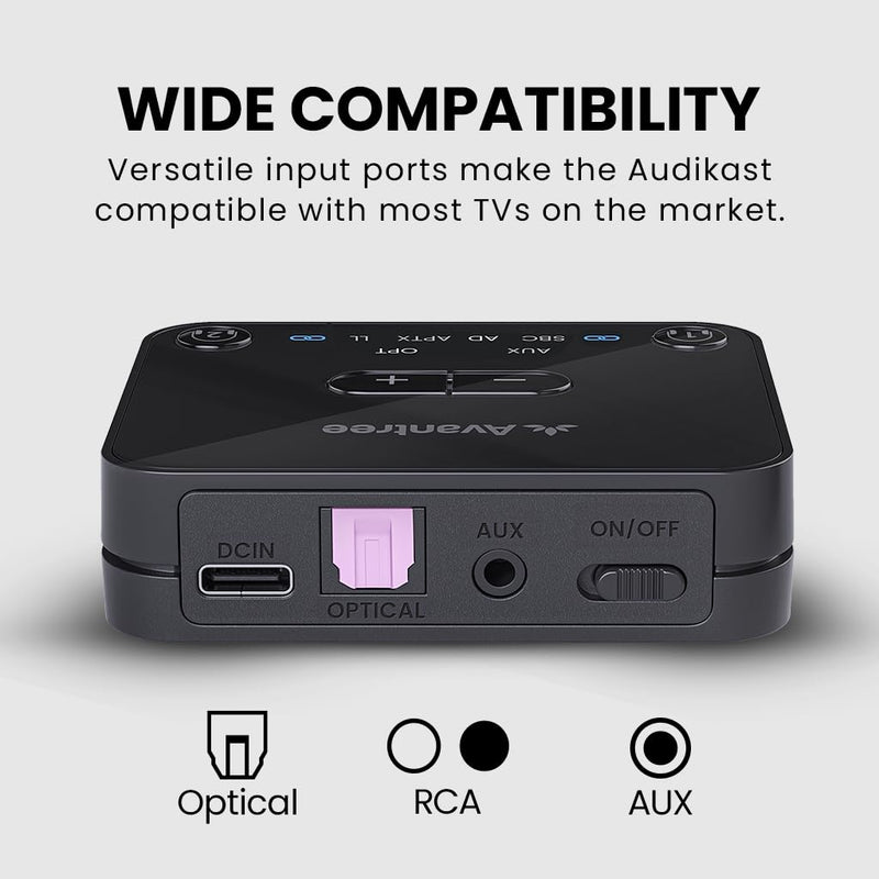 Avantree Audikast 3 [2025 Version] - Bluetooth 5.3 Transmitter for TV with Optical or AUX Audio Output Port, aptX-Adaptive & Low Latency, Dual Link for 2 Headphones, and 100ft Long Range