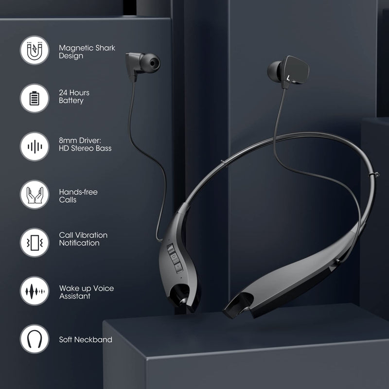 Neckband Bluetooth Headphones, 24H Playtime, Noise Isolation, 2 Pack | Around The Neck Headphones Shark Jaw Design, Bluetooth Headsets with Call Vibration, Earbuds Built-in Mic/IPX7 Black-2 Pack