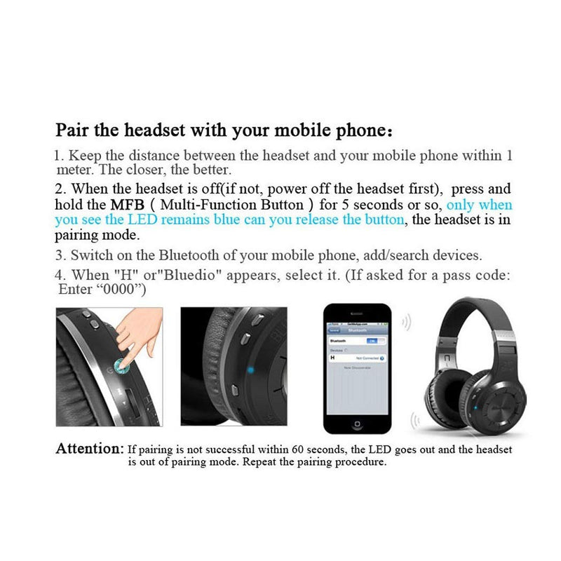 Bluedio H-Turbine Wireless Bluetooth 5.0 Headphones Powerful Bass Over-ear Headset Bulit-in Microphone-Retail package Global release (Black)