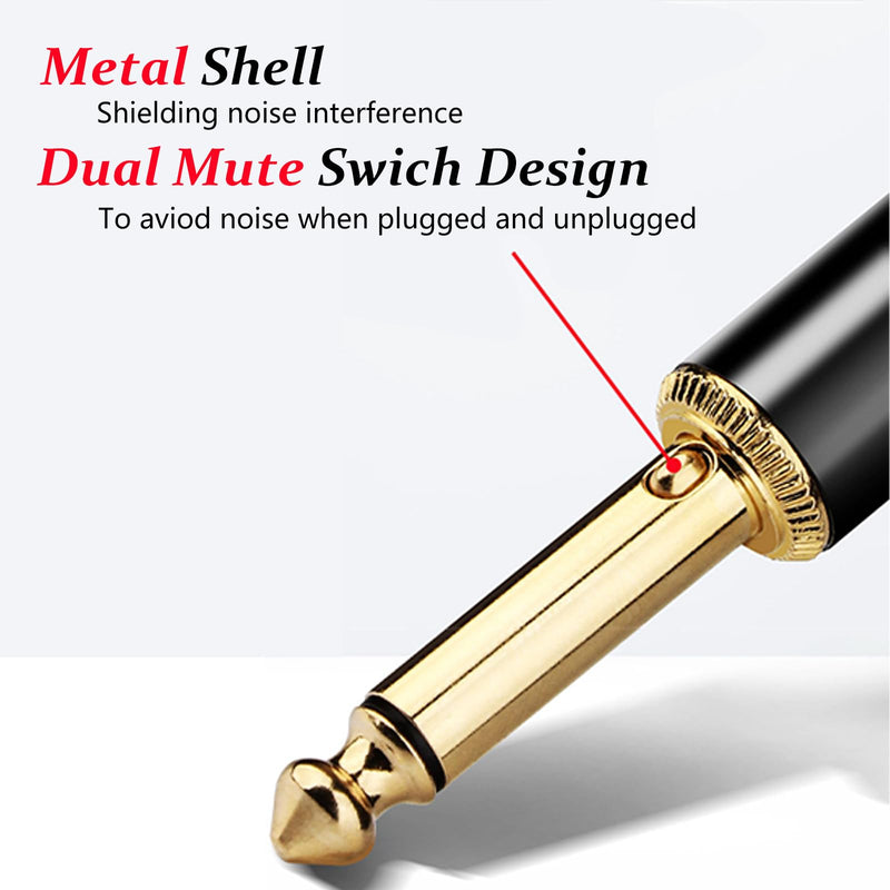 1/4 Inch TRS Instrument Cable 10 ft with Mute Plug Ends, Right Angle to Straight 6.35mm Silent Instrument Cable with no pop for Electric Guitar, Bass, Keyboard, Mixer, Amplifier, Speaker, Pro Audio