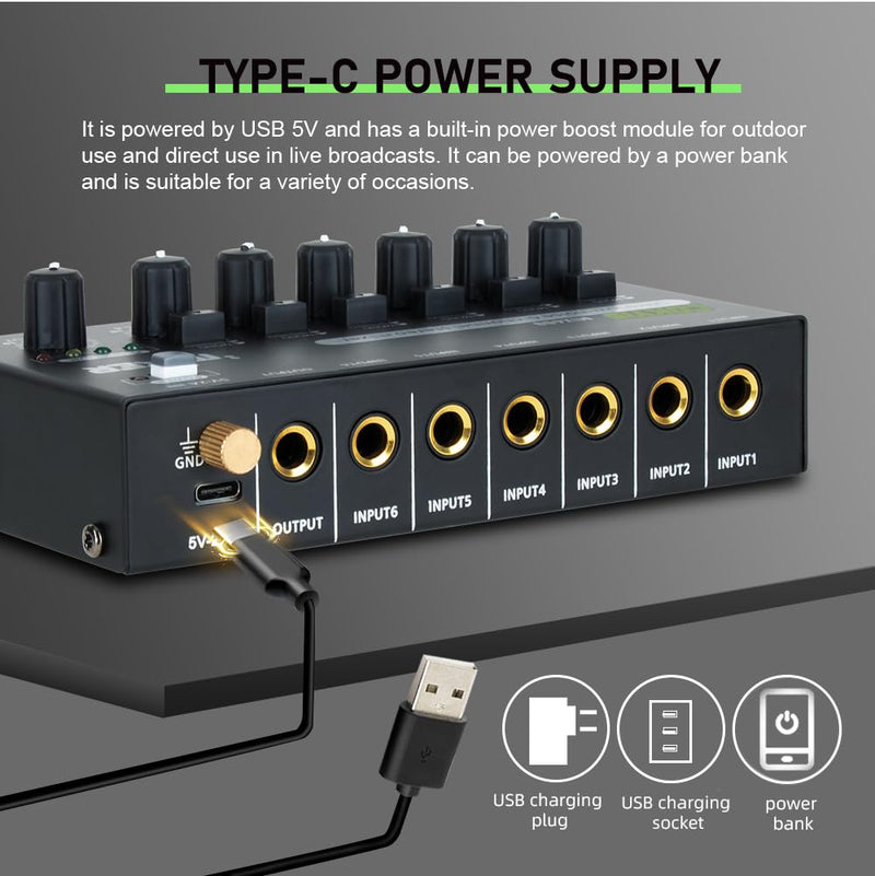 [AUSTRALIA] - Mini Audio Mixer, 6-Channel Stereo Line Mixer for Precision Sub-Mixing, with Ultra Low-Noise Operation, Independent Microphone Control, 1/4" TRS Input/Output-for Guitars, Bass, Stage Mixer 