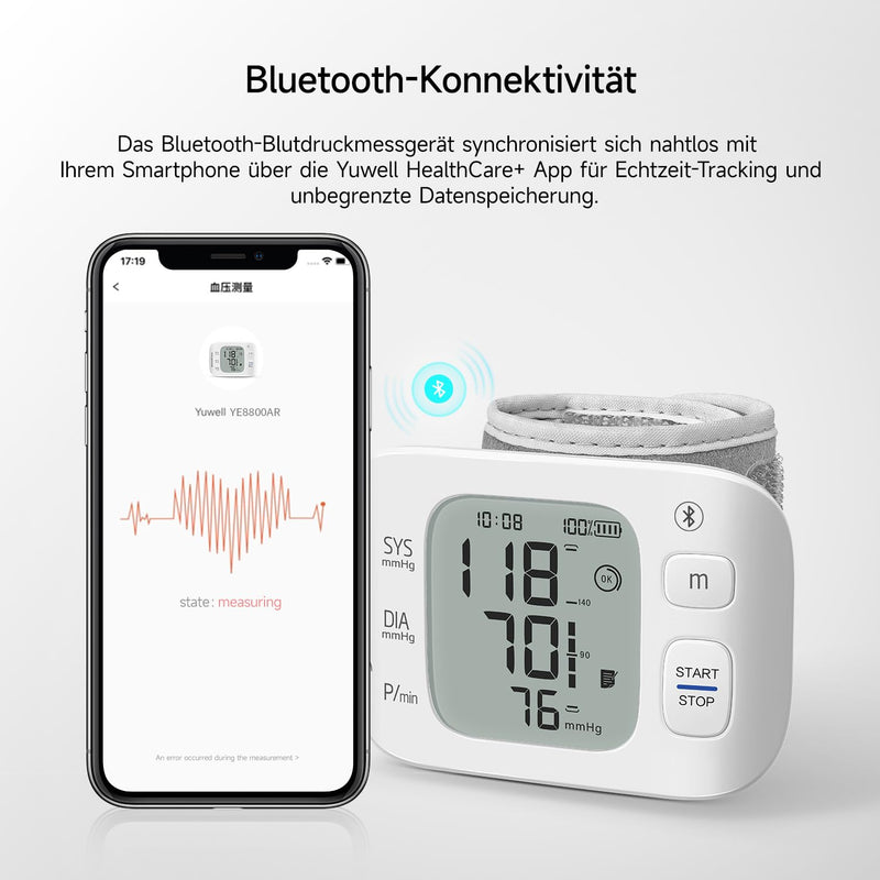 yuwell Intelligent Rechargeable Wrist Blood Pressure Monitor for Home Use, Large Blood Pressure Cuff, Blood Pressure Device with Irregular Heartbeat and Voice Function (YE8800AR) Ye8800ar