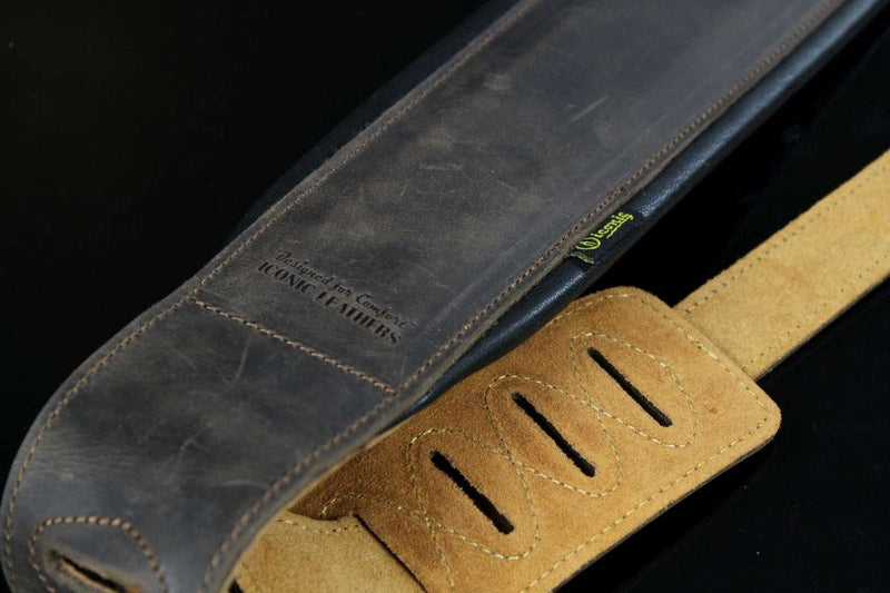 3.25" Wide Lightly Distressed Dark Brown Dual Padded Leather Guitar and Bass Strap IL-5DBrn