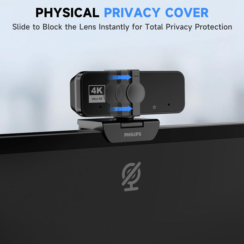 PHILIPS 4K Webcam for PC with Microphone, Computer Camera for Meetings | Plug & Play USB Web cam with Privacy Cover, for Laptop, Desktop, Zoom, Teams, Skype, Video Conferencing, Streaming, Black