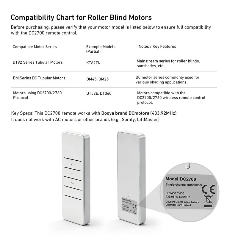 DC2700 1 Channel Wireless RF Transmitter Emitter Remote Controller for Curtain Motor DT52E/KT82TN/DT360