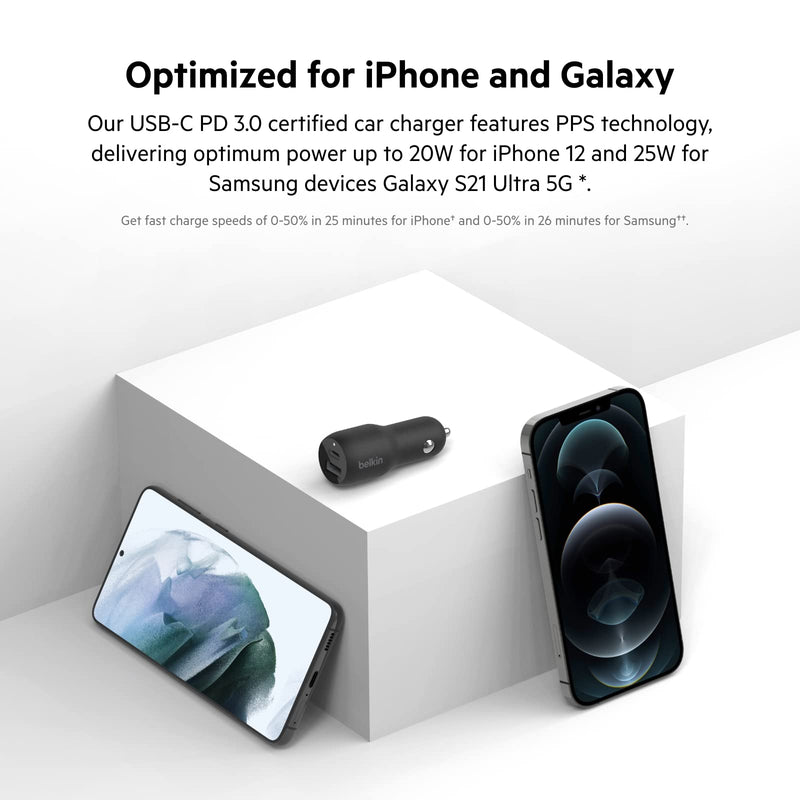Belkin 37W Dual Port Fast Car Charger with 3.3ft USB-C Cable Included, USB-C 25W PPS Port and USB-A 12W Port for Galaxy S23, S23+, Ultra, Note20, iPhone 14, 13, 12, 11, Pro, Max, Mini and More | 25W USB-C PPS plus 12W USB-A, for Galaxy S23 series, Note...