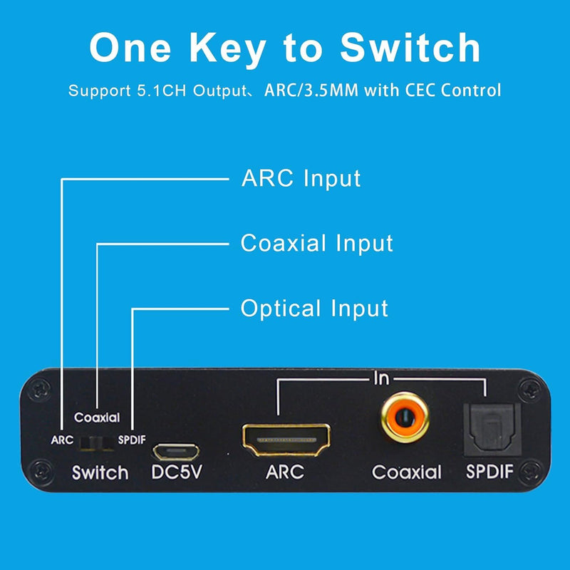 HDMI ARC Audio Extractor, AMANKA DAC Converter 192KHz Digital to Analog Audio Converter, Optical/SPDIF Coaxial HDMI ARC to Optical/SPDIF Coaxial Stereo L/R 3.5mm Jack for TV ARC-DA