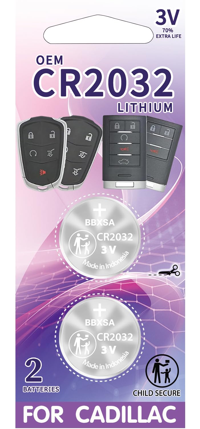 CR2032 Key Fob Replacement Batteries for Cadillac (ATS CT6 CTS DTS ELR Escalade SRX STS XTS) Smart Remote Key fob Battery (Pack of 2)(Check Fitment Guide)