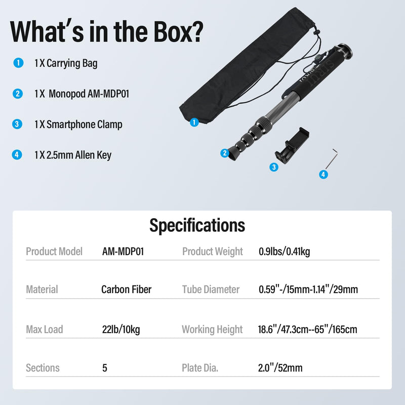 SIRUI Camera Monopod AM-MDP01, 65 inch Carbon Fiber Monopod Compact Lightweight for Travel, Max Load 22lbs/10kg