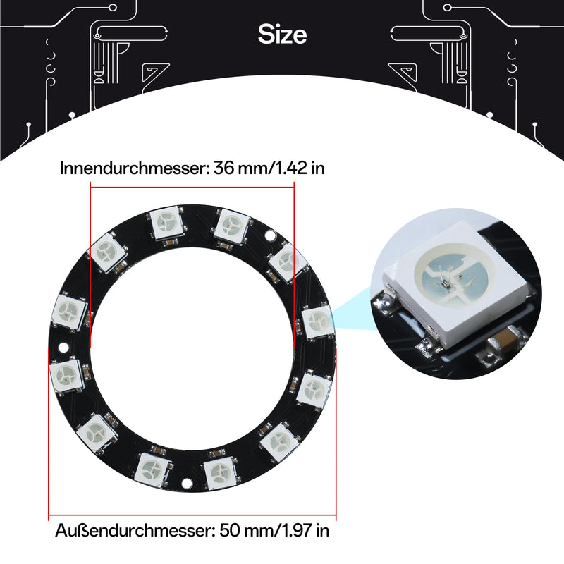 CUQI WS2812 RGB LED Ring 12 Bit Individually Addressable WS2812 LED 50 mm Diameter for Arduino, Raspberry Pi, DIY Projects 12-Bit Black