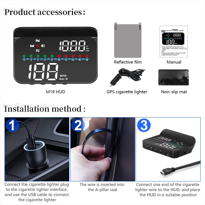 Heads Up Display with GPS Speedometer M19, Universal in-Car HUD with High Speed Warning, Fatigue Driving Alert, Voltage Alarm Speed, Driving Distance and Compass Direction