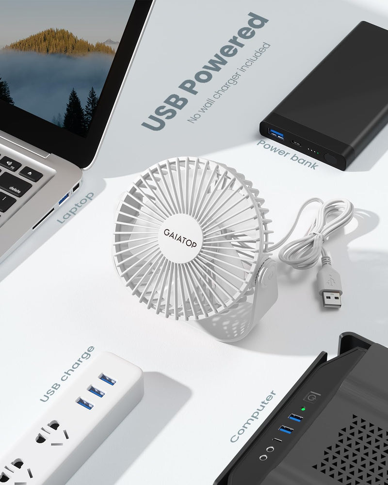 Gaiatop USB Desk Fan, 3 Speeds Portable Small Fan with Strong Airflow, 5.5 Inch Quiet Table Fan, 90° Rotate Personal Cooling Fan For Bedroom Home Office Desktop Travel (White) White