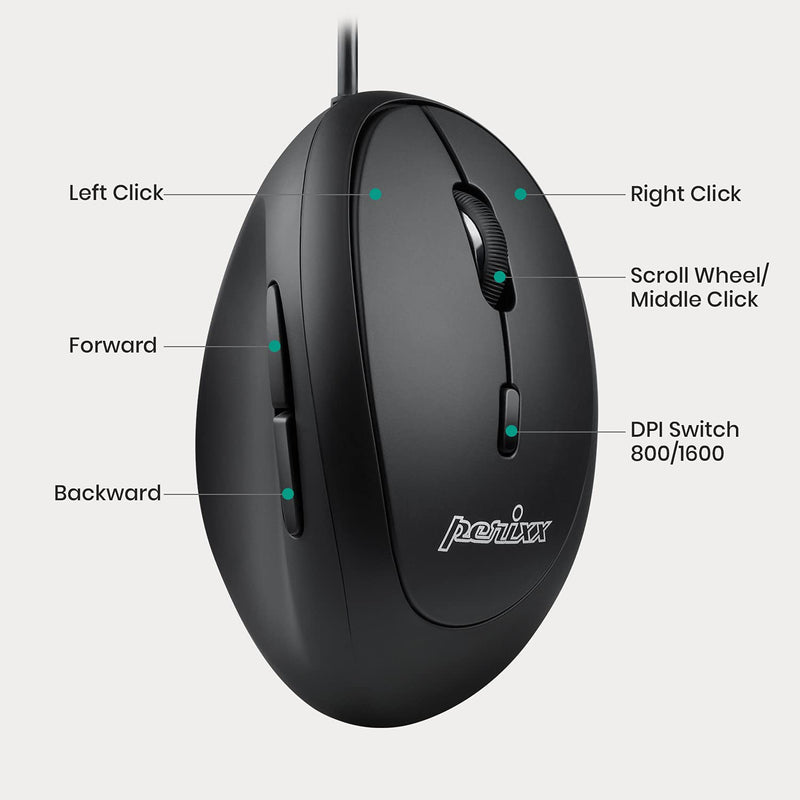 Perixx PERIMICE-519 Wired Ergonomic Vertical Mouse - Portable Small Design - 105x67x58 mm - Right Handed Black
