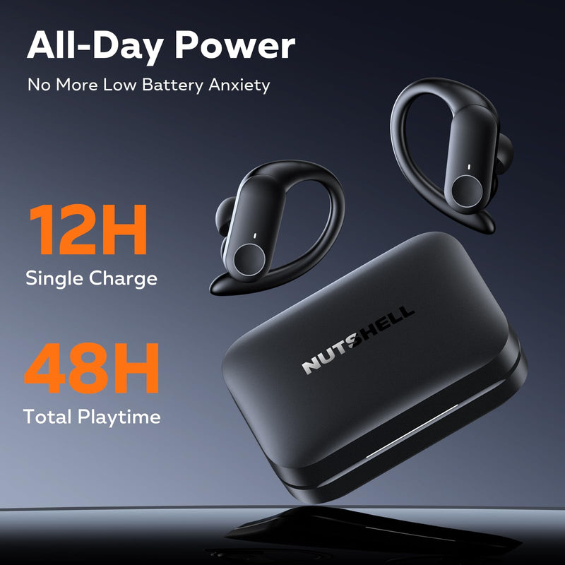 Nutshell NS18 Wireless Earbuds for Sports, 14mm Drivers with Big Bass, 12H Non-stop Playback, Sweat-Resistant, Personalized Equalizer with 4 Preset Sound Modes, Clear Calls, Bluetooth 5.3, APP - White