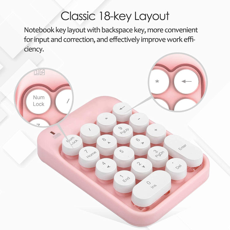 Wireless Numeric Keypad 18 Keys with 2.4G Mini Portable Silent Number Pad USB Receiver Financial Accounting Keyboard Extensions for Laptop Desktop PC Pro（Pink） Pink