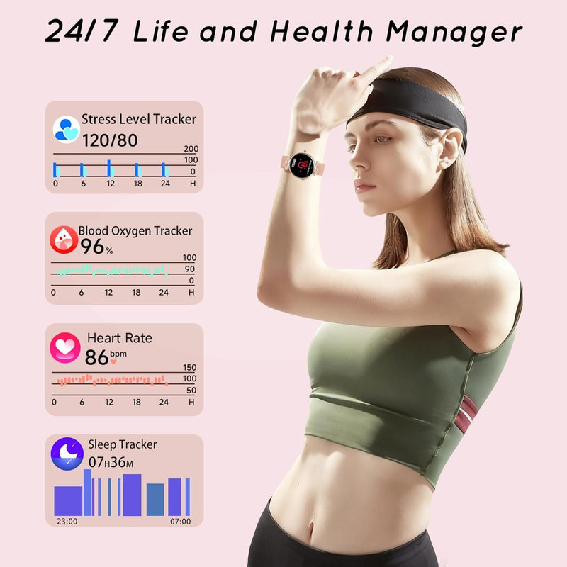 Smart Watch for Women for Android iPhone 3 Band 1.19” Small AMOLED 2000 Nit | Fitness Tracker Bluetooth Call/Heart Rate/SpO2/Sleep Monitor, DIY Dial, 120+ Sports Modes IP68 Waterproof, Rose Gold 1-Rose Gold