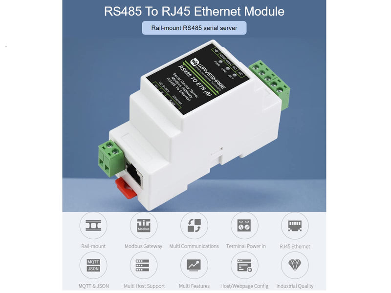 waveshare RS485 to RJ45 Ethernet Converter Adapter,TCP/IP to Serial Converter, Industrial Rail-Mount RS485 Serial Server Supports TCP Server/TCP Client/UDP Mode/UDP Multicast