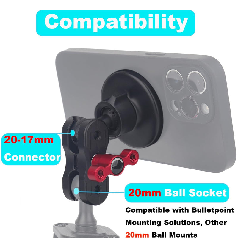 20mm Ball Socket Arm with Magnetic Phone Holder for Magsafe & All Smartphones – Compatible with Bulletpoint Mounting Solutions | Heavy-Duty Aluminum Arm (Round)
