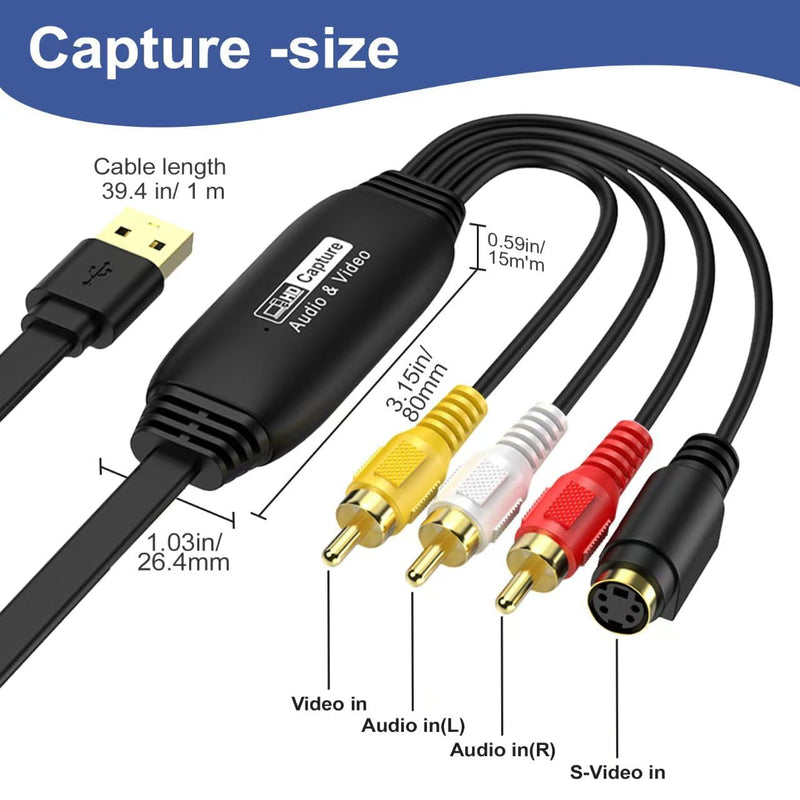 VHS to Digital Converter 1080P, Video Capture Card Device, AV to USB Converter, RCA to USB Converter for VHS VCR Hi8 to Digital, for Tape Player Camcorder PC TV Windows Mac OS (Male)