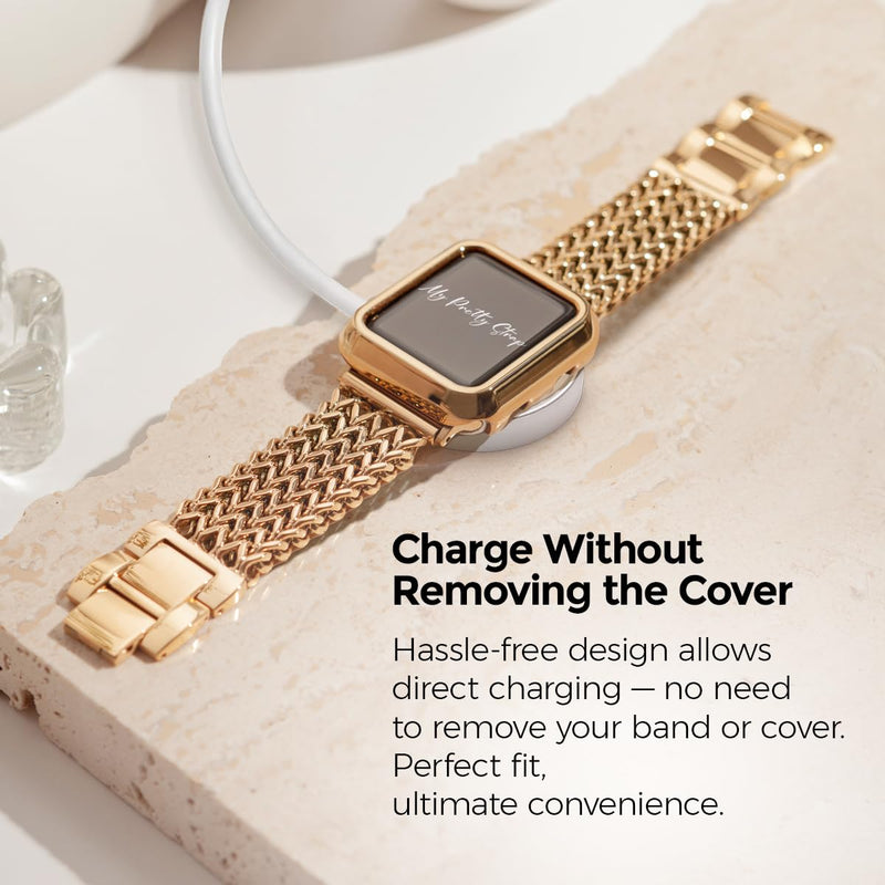 My Pretty Strap Gold Apple Watch Band & Glossy XOXO Protective Case Bundle – Elegant Stainless Steel Strap & Luxury Metal Cover for Apple Watch Series 1-11, SE & Ultra (46MM) Mermaid