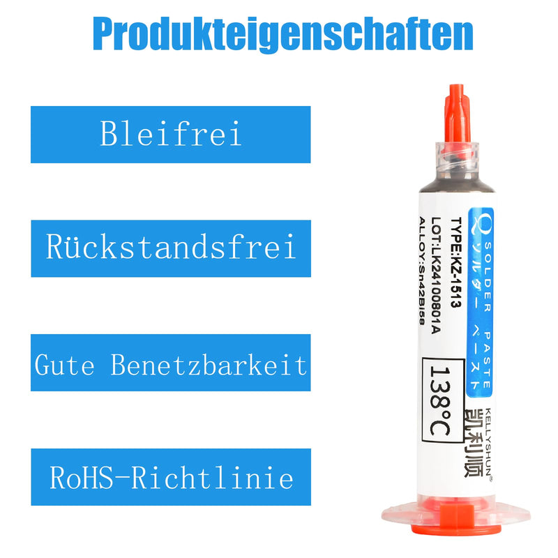 KELLYSHUN Flux Soldering, Soldering Paste and Desoldering Wire, No-Clean Rosin Soldering Flux (Pack of 1), Sn42%/Bi58% Soldering Paste (1 Piece), 2.5 mm/3 M Desoldering Braid (Pack of 1), for BAG, 3 Piece Set