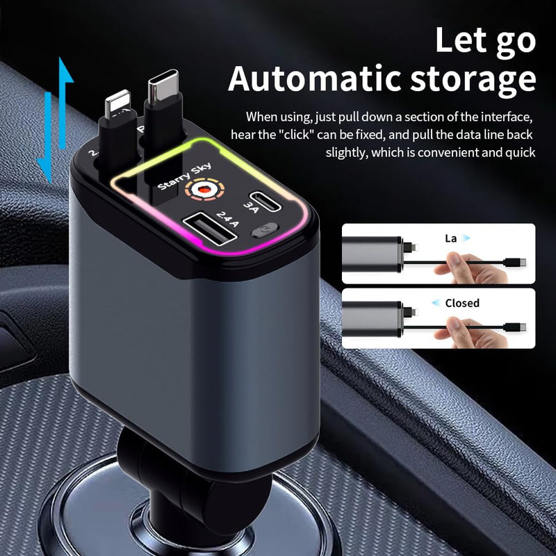 Starlight Retractable Car Charger,66W Starlight in Car roof Fast Car Chargers Adapter 4 in 1 with 2 USB Car Chargers for iPhone 16/15/14/13/12/11 and for Android USB C Cable (X3) X3
