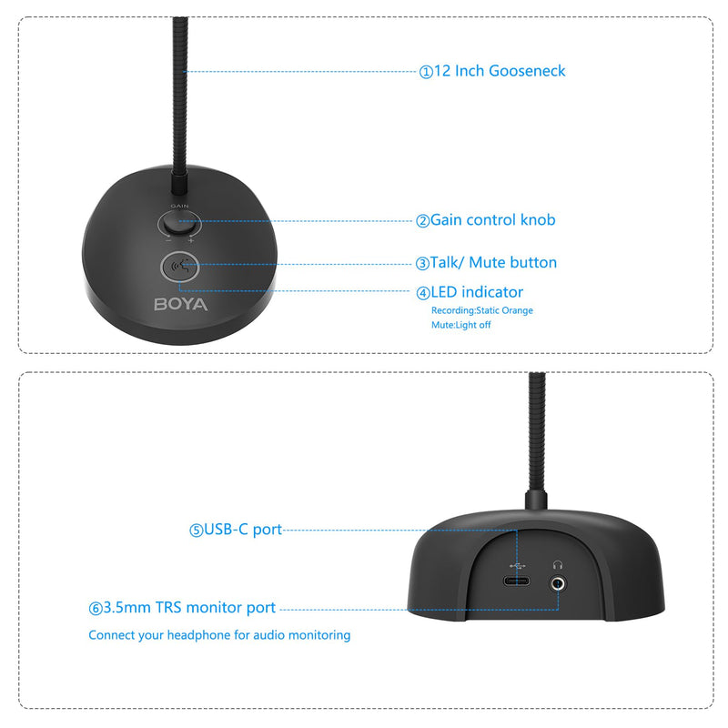 BOYA USB Microphone, Gooseneck with LED Indicator, Mute Button, Gain Adjustment, for Video Conferences, BY-GM12 GM12