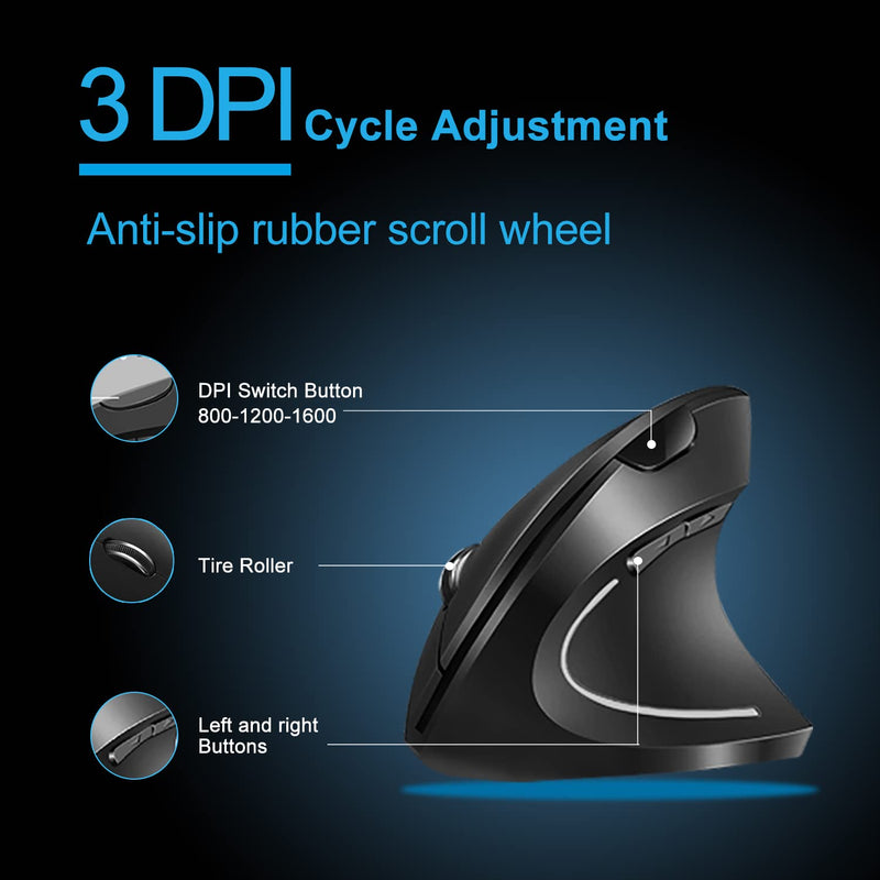 Vassink Wireless Mouse Ergonomic Mouse Rechargeable Vertical Optical Mice with USB Receiver, 6 Buttons 2.4GHz Adjustable DPI 800/1200/1600 for PC Computer,Laptop,etc（Black） Black2