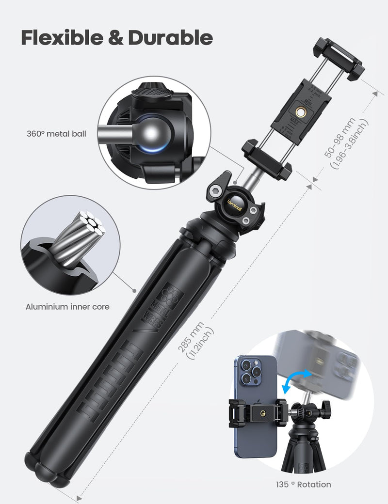 Lamicall Tripod for iPhone - 3 in 1 Flexible Phone Tripod with Wireless Remote - iPhone Tripod Stand for Video Recording Vlogging Selfie Compatible with iPhone Samsung Go Pro, Digital Camera Black